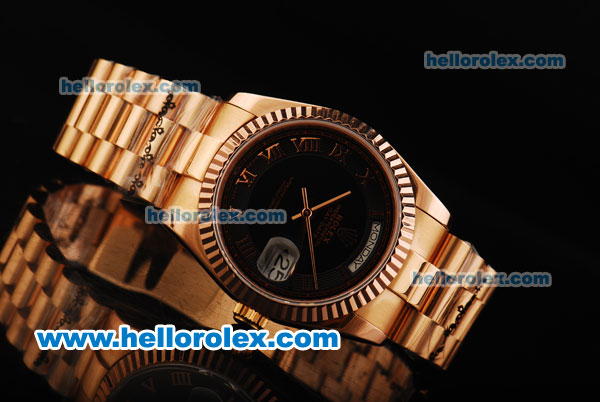 Rolex Day Date Swiss ETA 2836 Automatic Movement Full Rose Gold with Black Dial - Rose Gold Roman Markers - Click Image to Close